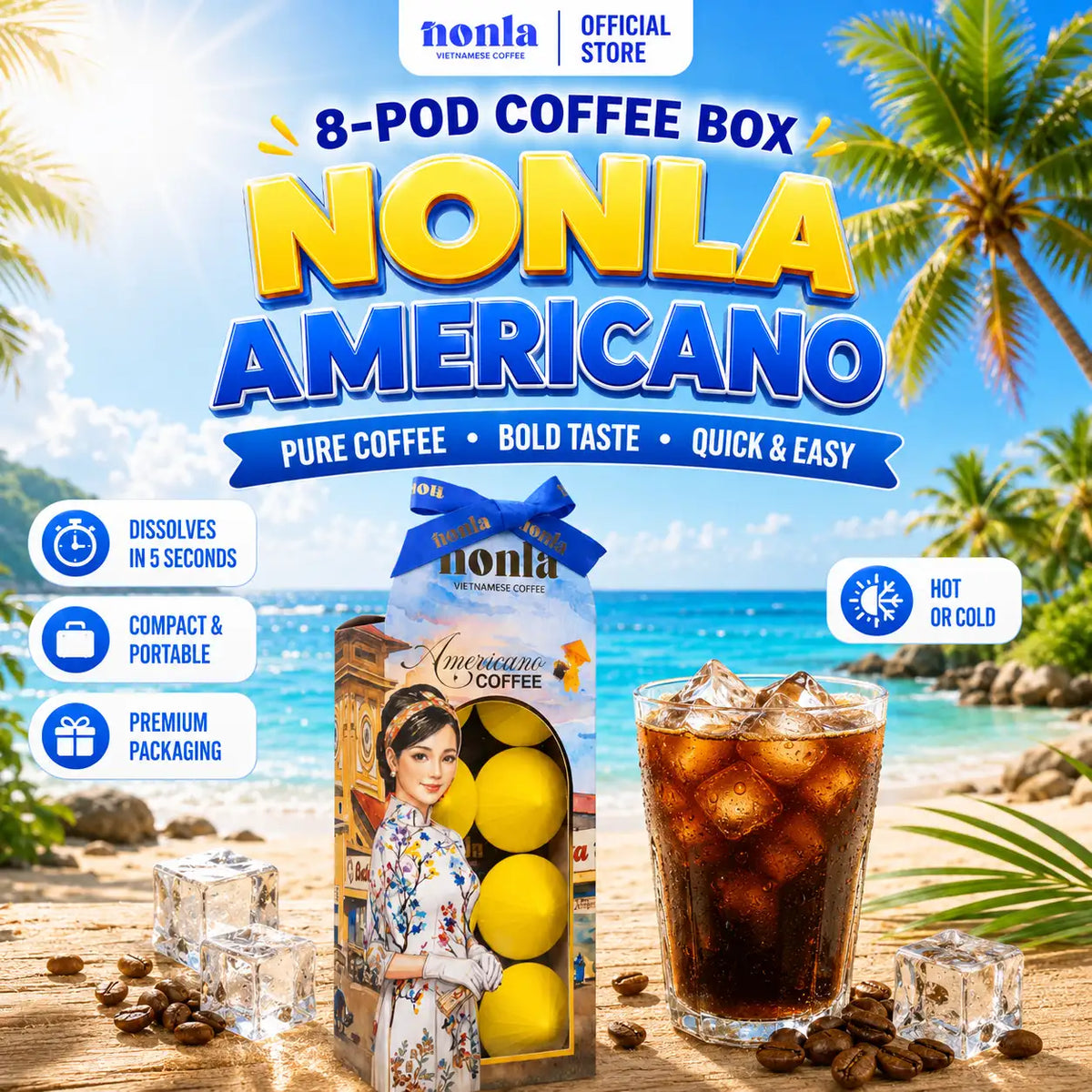 NONLA Americano-Style Vietnamese Instant Coffee – 100% Pure Freeze-Dried | 8 Pods